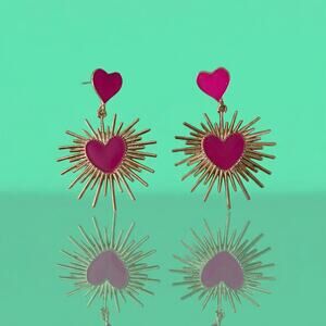 Pink Heart Sunburst Statement Earrings